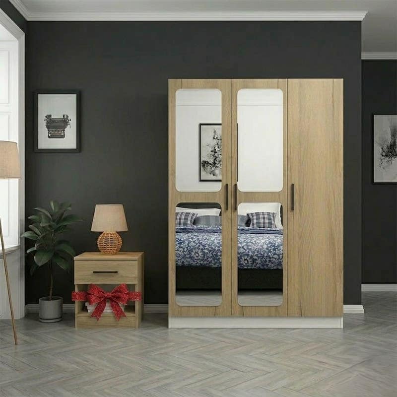 3-door wardrobe and nightstand, MDF - beige