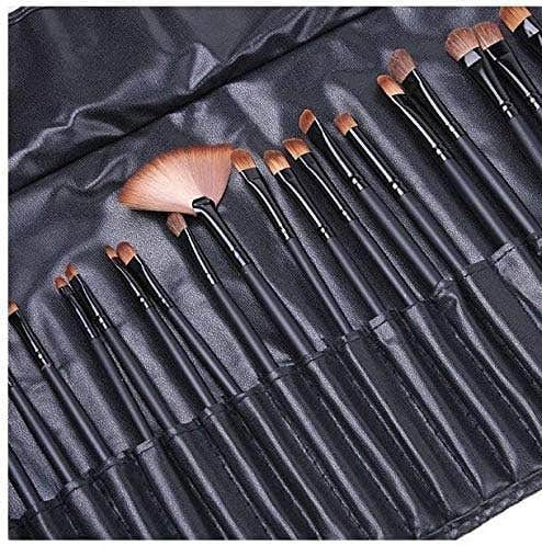 Makeup Brush Set and Black Leather Bag, 32 Pieces - Black