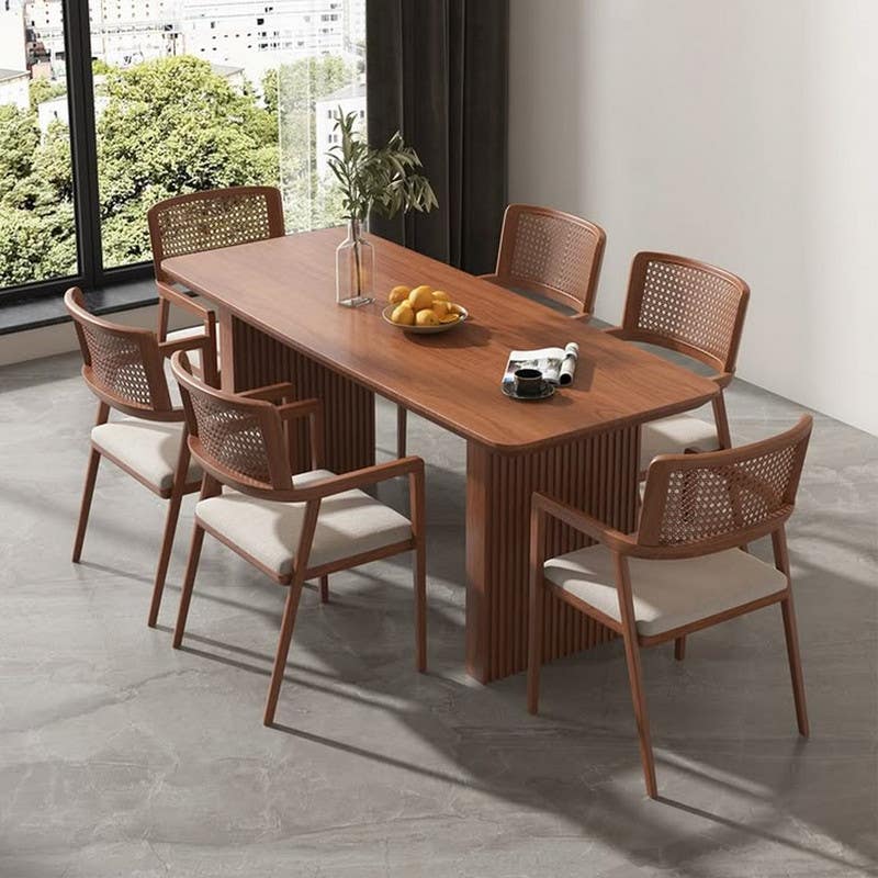 Beech Wood And Linen Dining Room Set, 7 Pieces, 6 Chairs, Dinning Table - Brown