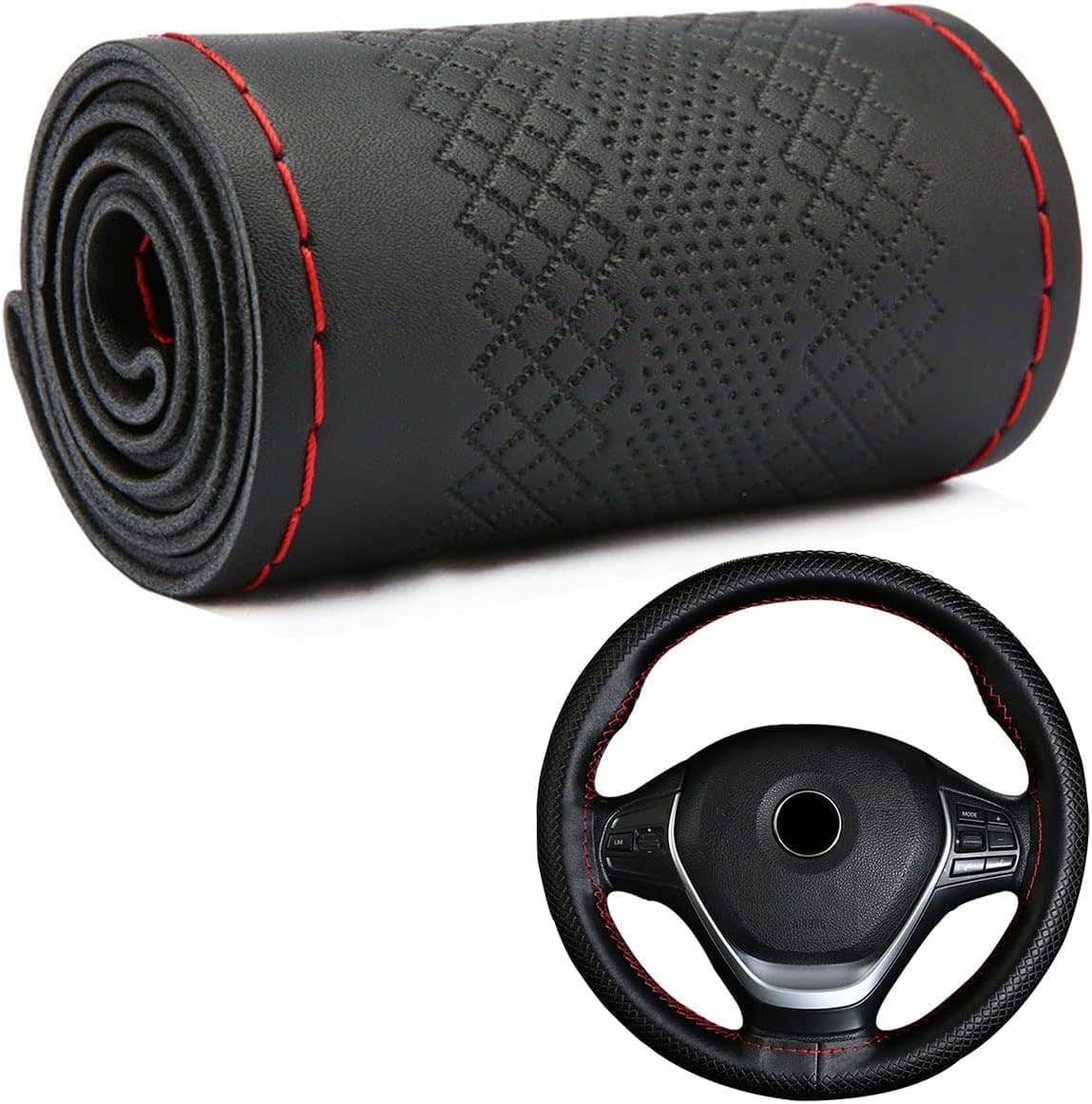 Knitted Leather Steering Wheel Cover - Black