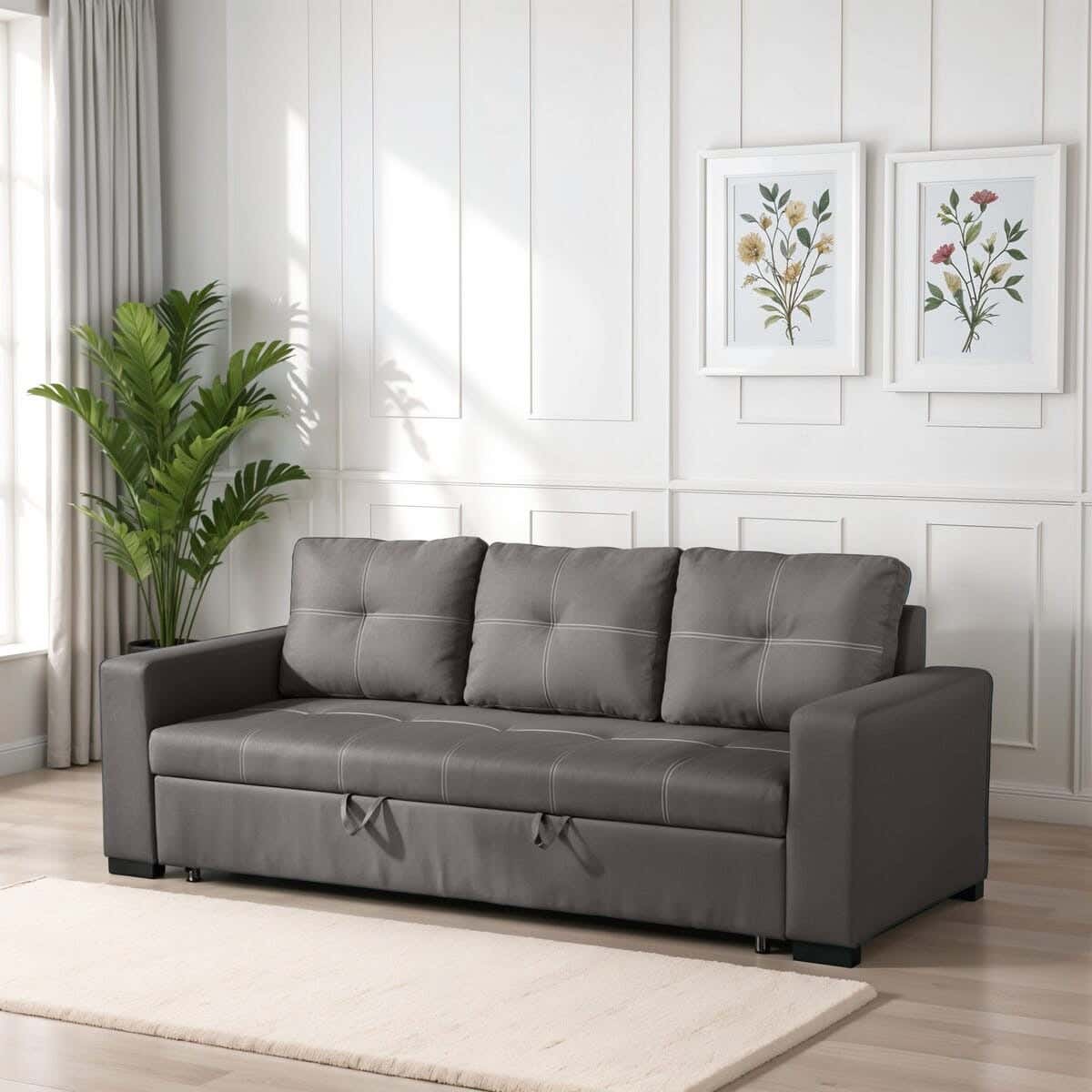 Sofa bed, beech wood, suede, 220x80x80 cm - gray