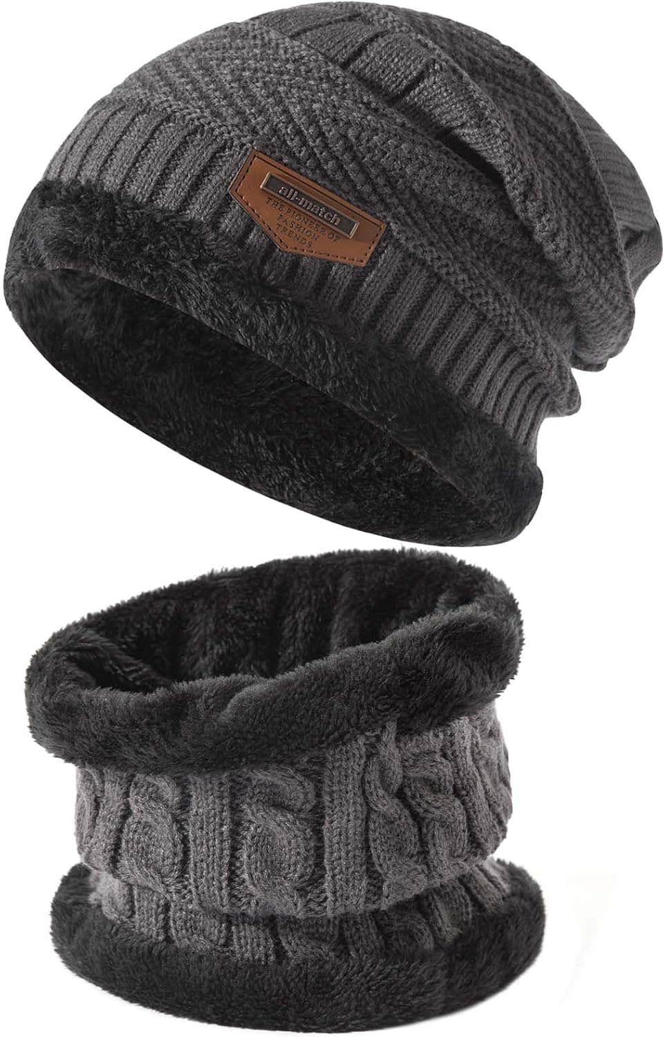 Kawior Fleece Winter Beanie Hat Set, One Size, 2 Pieces - Grey