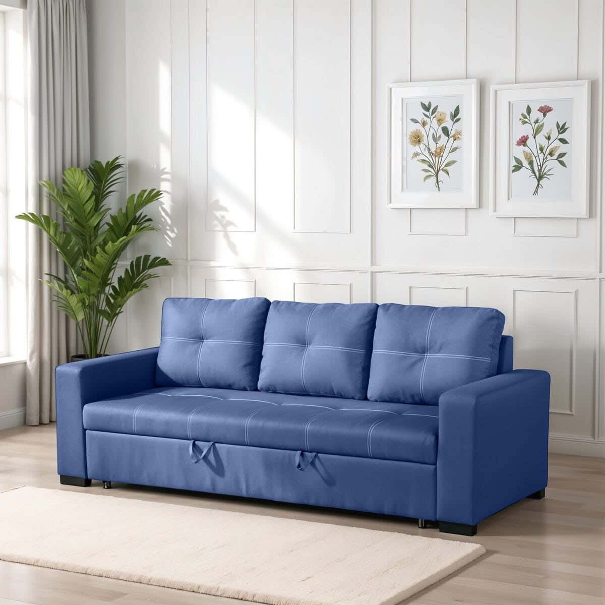 Sofa bed, beech wood, suede, 220x80x80 cm - Blue