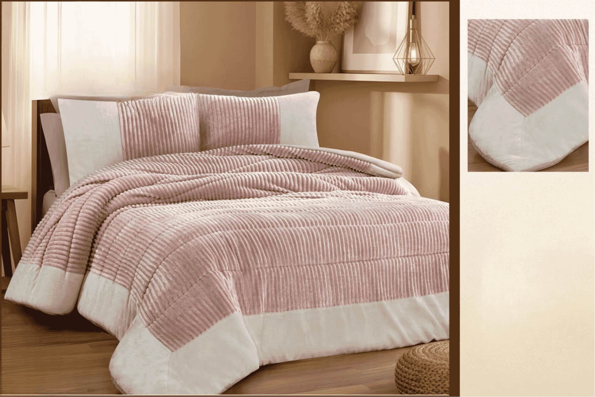 Rimas Large Quilt, 260x240cm, Striped Faux Fur and Velvet - Cashmere