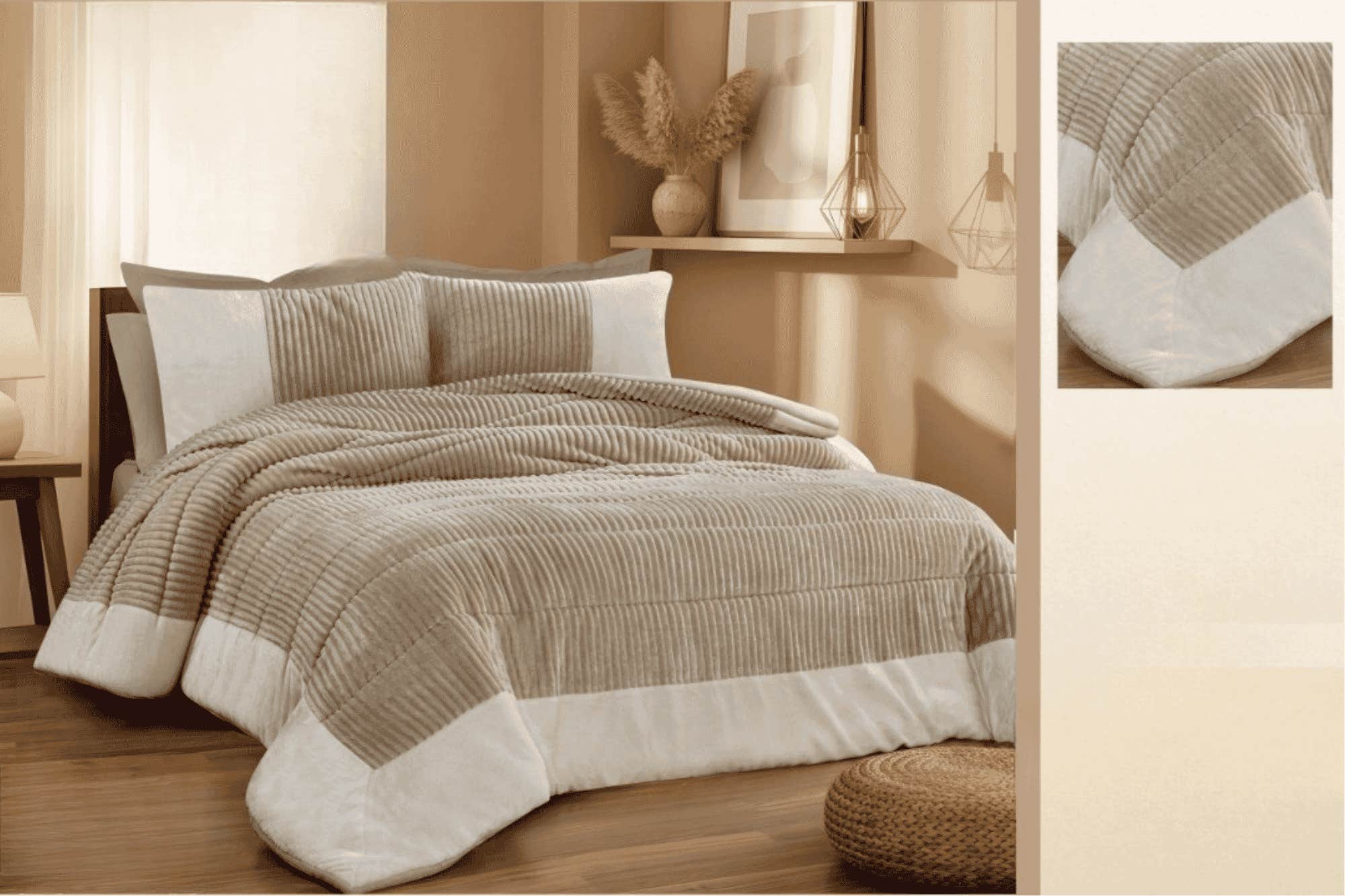 Rimas Large Quilt, 260x240cm, Striped Faux Fur and Velvet - Cafe