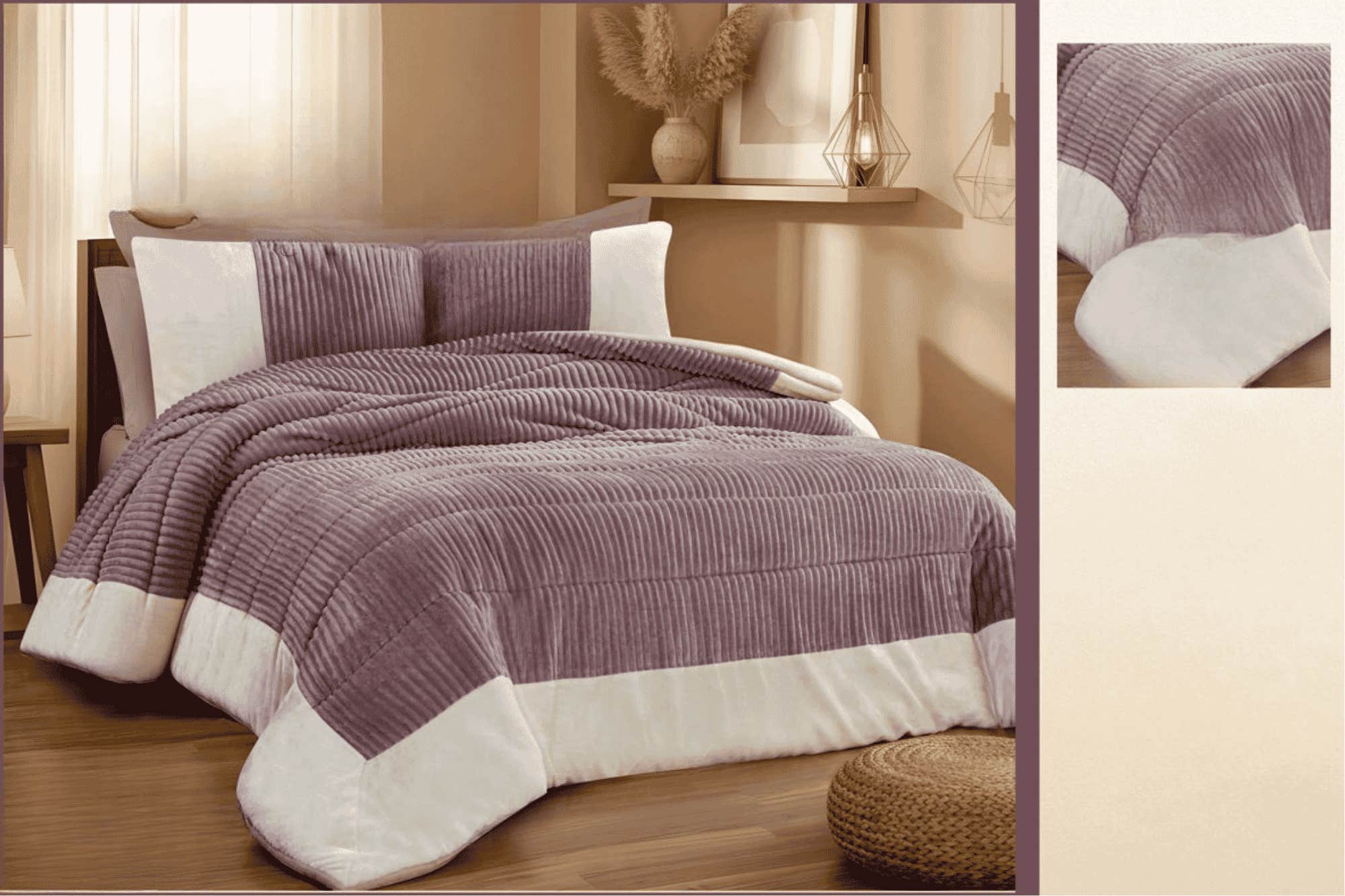 Rimas Large Quilt, 260x240cm, Striped Faux Fur and Velvet - Mauve
