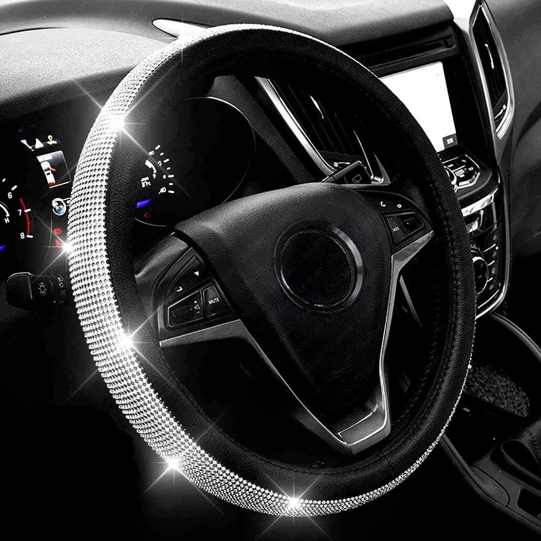Diamond Leather Steering Wheel Cover - Black