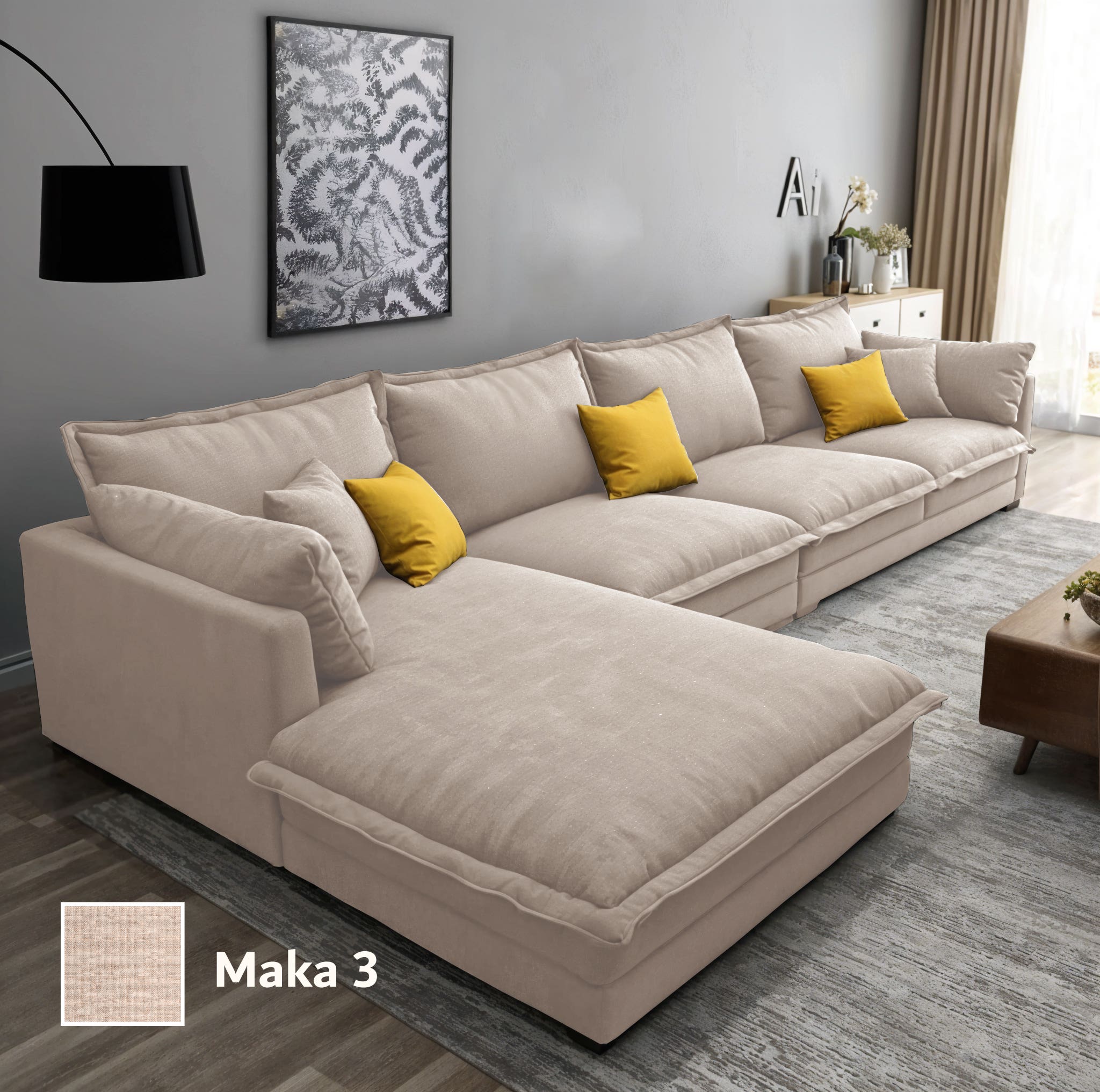 Two-piece L-shaped corner sofa, made of Mosky wood, and linen fabric, 300x200x80x70 cm - Off White