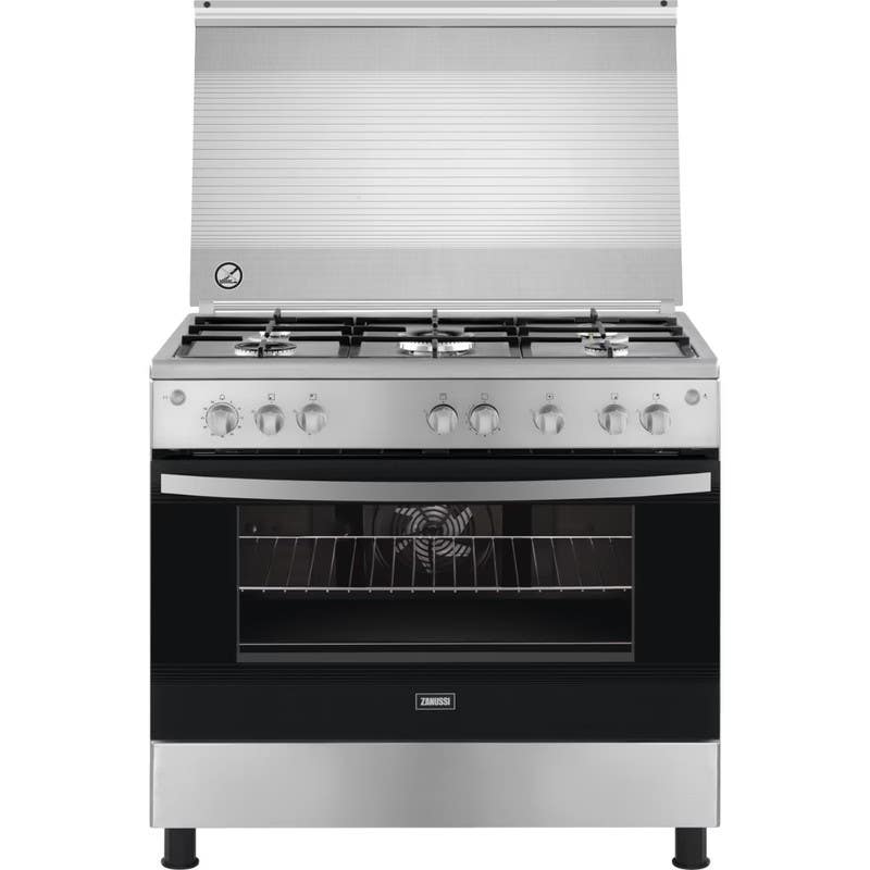 Zanussi ZCG91236XB CoolCast Cooker, 5 Burners, 90 cm, Fan Heating and Cooling, Timer, Full Safety, Stainless Steel Sides - Silver Black