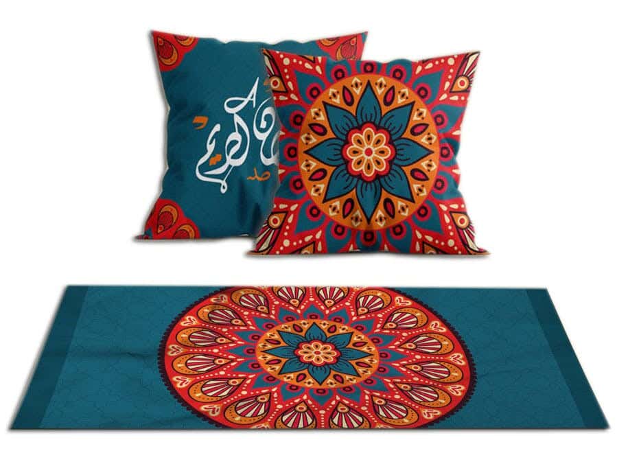 Velvet Runner Tablecloth Ramadan Pattern, With 2 Cushion Covers - Multicolor