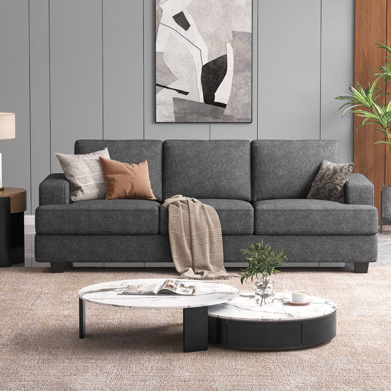 Modern sofa, beech wood, Koya linen fabric, 3 seats, 200x80x60x75 cm - dark gray