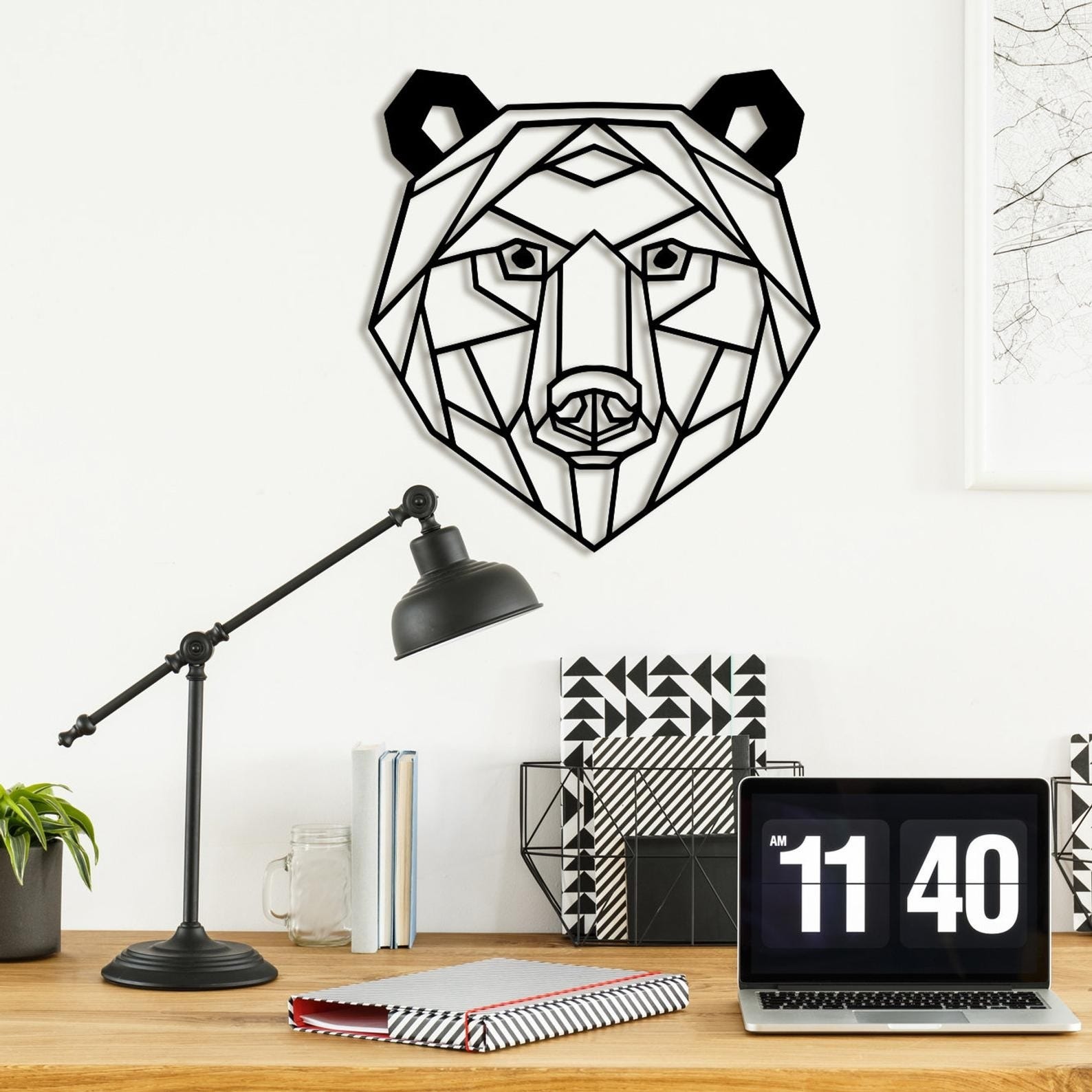 MDF Geometric Bear Head Wall Hanging Art, 90X81X0.5 Cm - Black