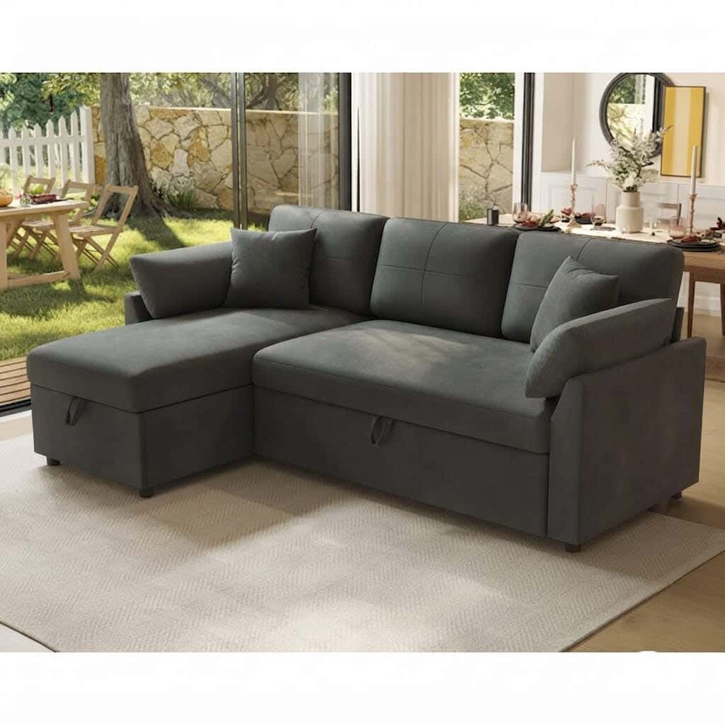 Corner bed with storage, beech wood and velvet fabric, 140×280×80 cm - dark gray