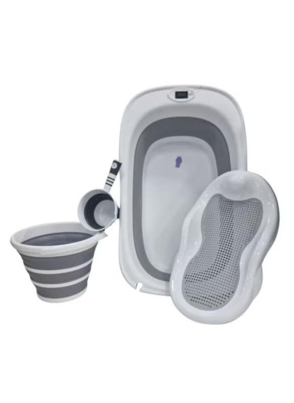 Foldable Baby Bath With Temperature Display, 4 Pieces - Grey