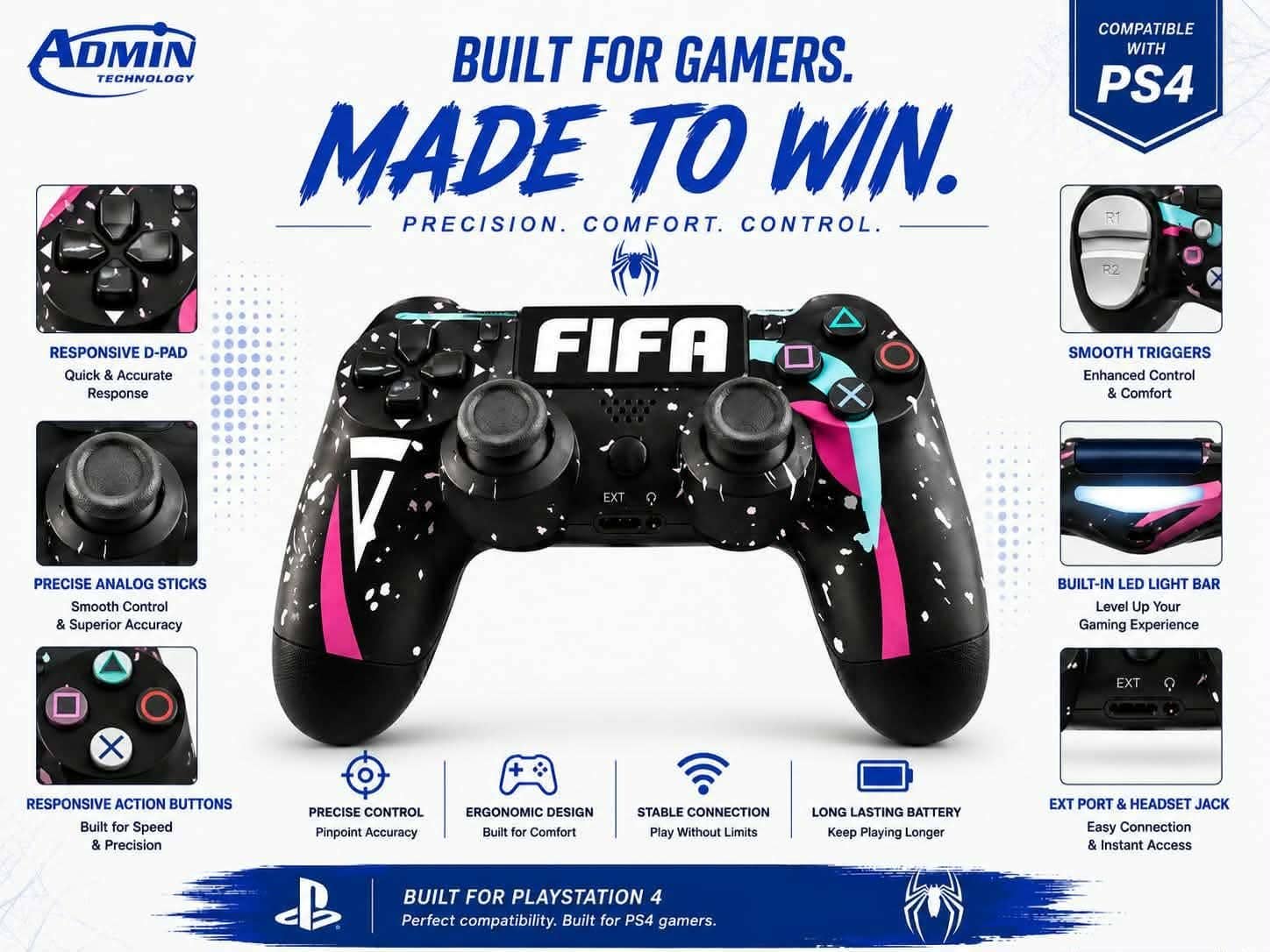Rofessional Wireless Controller For Playstation 4 (Ps4/Slim/Pro/) With 6-Axis Motion Sensor, Interactive Touchpad, 3.5Mm Audio Jack, And Dual Vibration - High-Precision Royal Black Gamepad - Admin Technology