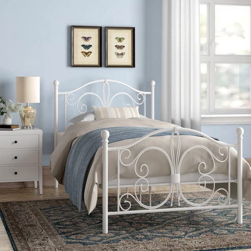 Metal Queen Bed with Wooden Slats, 110×120×200 Cm - White