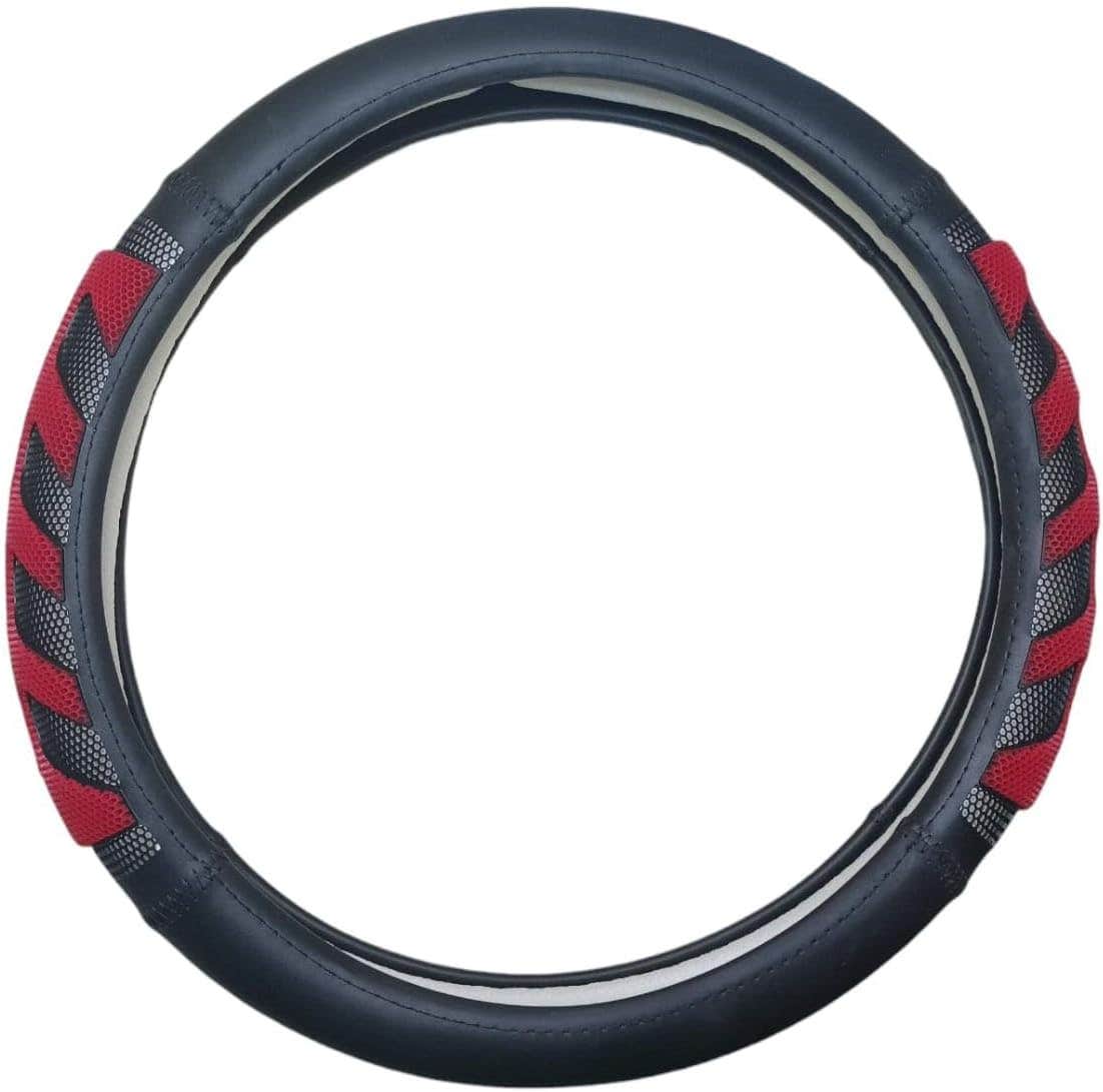 Sweat Absorption, Round, Ultra Thin Leather Steering Wheel Cover - Black Red