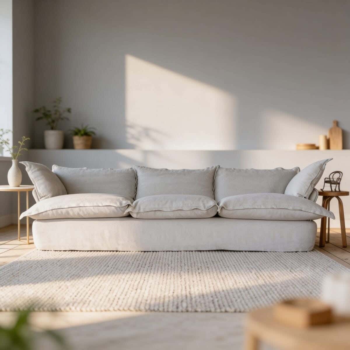 Modern sofa, beech wood, three seats, linen, 300x90 cm - light beige