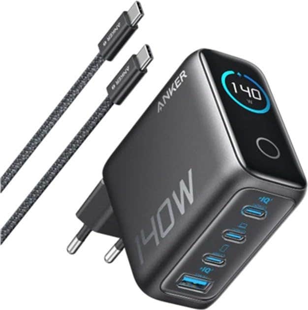 Anker wall charger, 140 Watt, 3 ports, USB-C, cable 1.5 meters long - dark gray