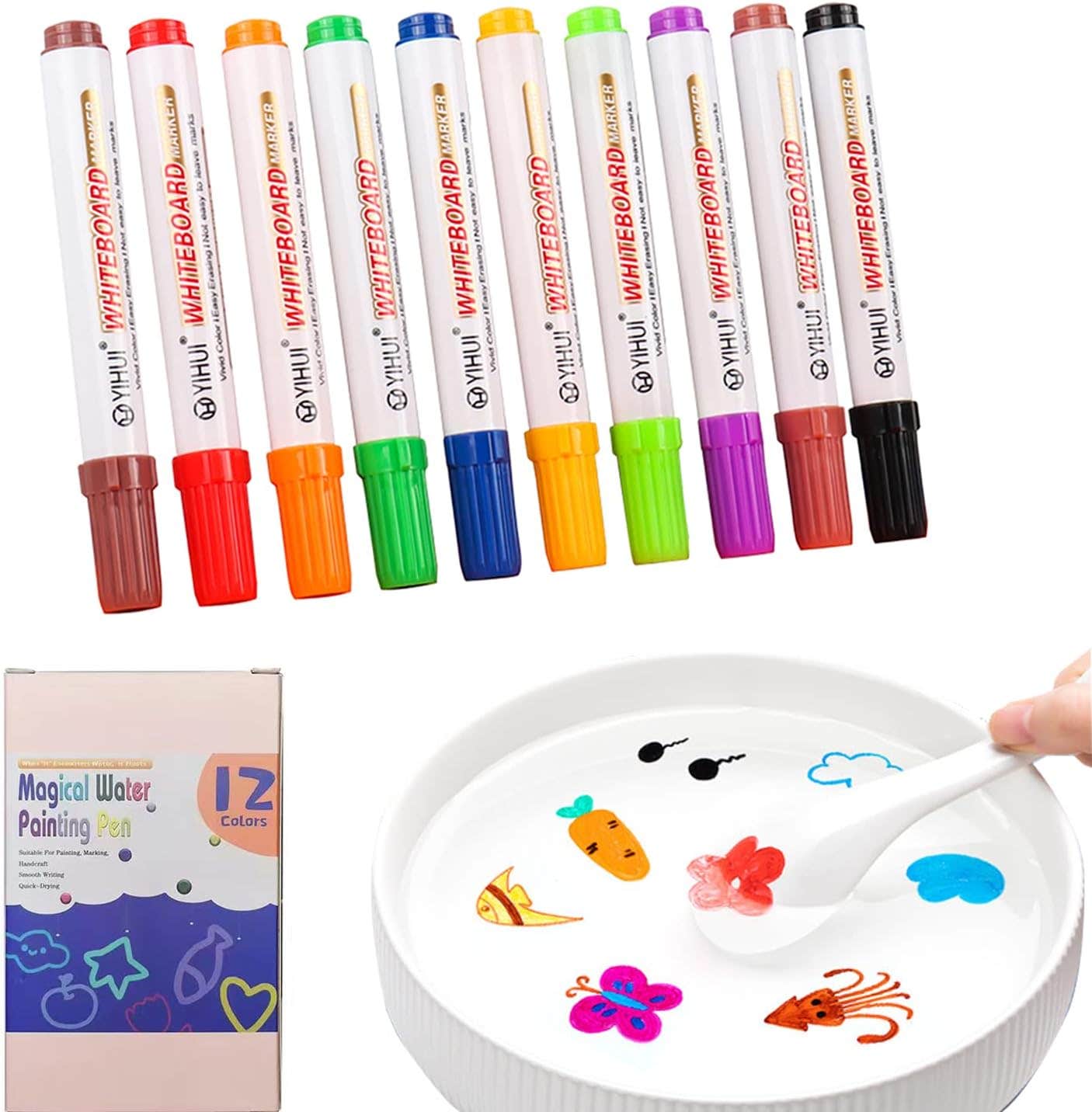 Erasable Design Water Painting Pens, 12 Pieces - Multicolor