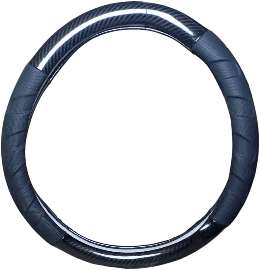 Ribbed Leather Shiny Carbon Steering Wheel Cover - Black