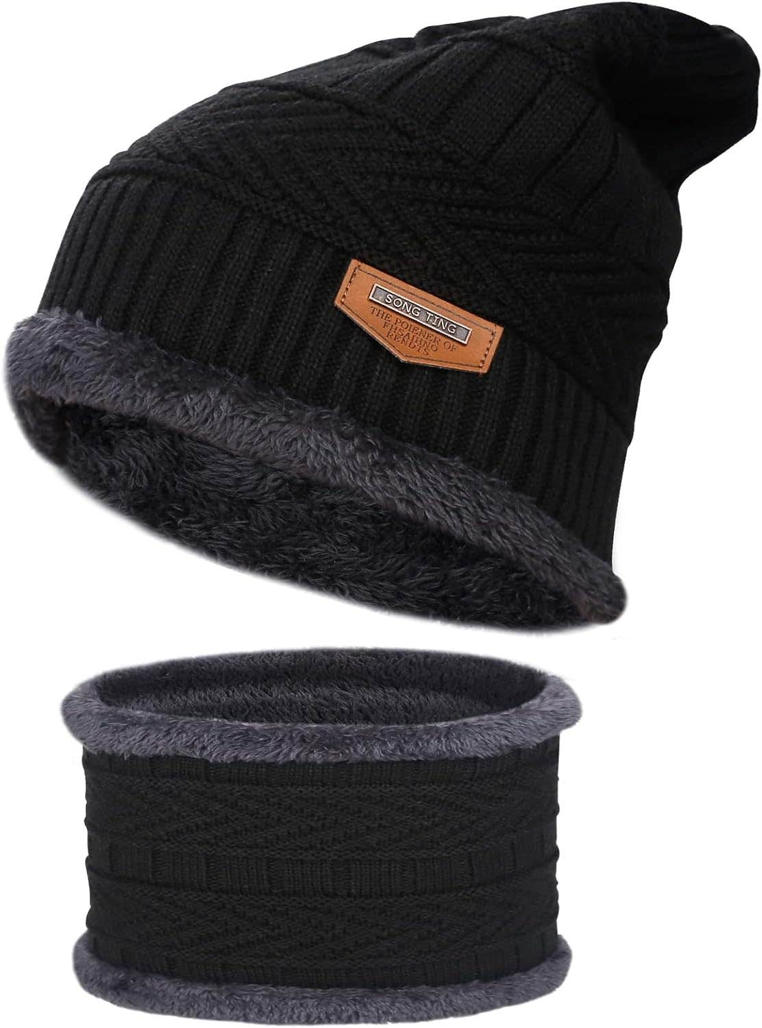 Cilnos Winter Hat Beanie Hat And Scarf Set - Black