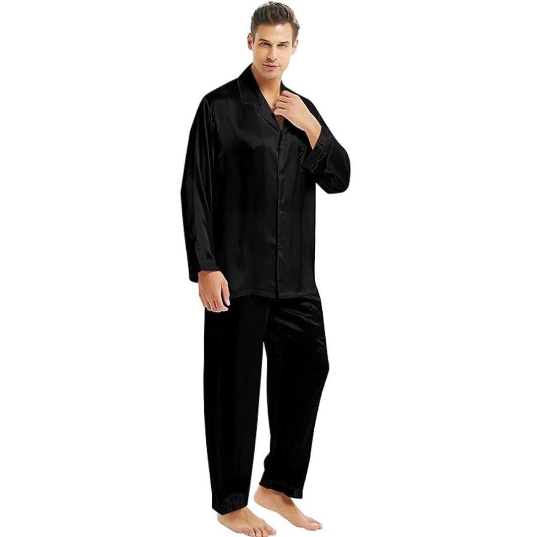 Long Sleeve Satin Pajama Set with Pants for Men, 2 Piece
