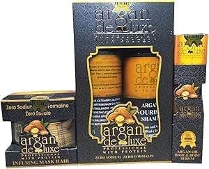 Argan Deluxe Hair Care Set, 4 Pieces, Shampoo 500ml, Conditioner 500ml, Hair Mask 500ml, Serum 125ml, for Unisex