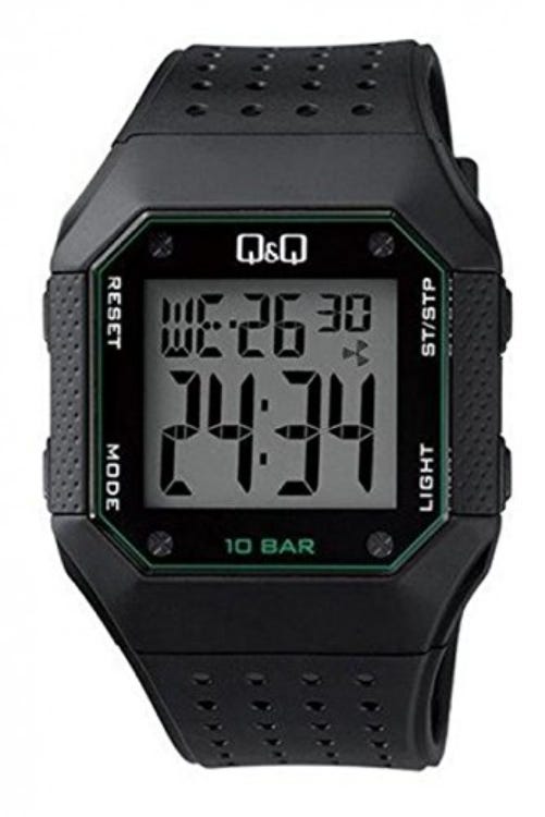 Q&Q M158J004Y Square Digital Sport Watch For Men, L /40 - 48 mm - Black Green