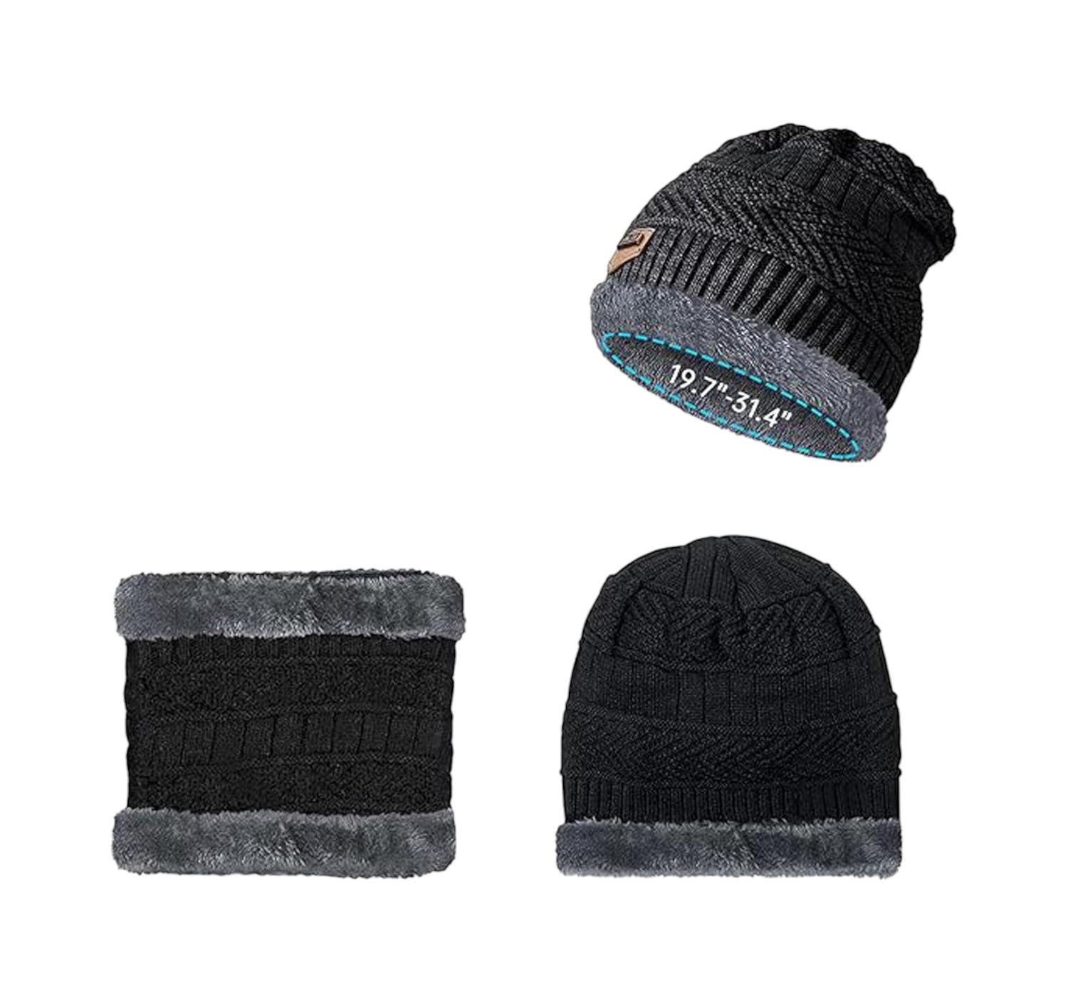 Vawsvocs Unisex Knitted Hat And Neck Warmer Set - Black