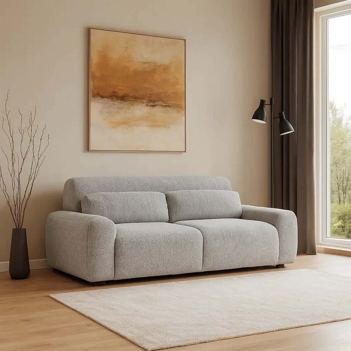 Modern sofa, beech wood, two seats, linen, 198x78x85 cm - Gray