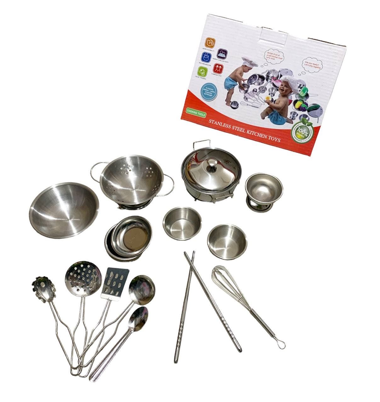 Alsafwa W30-42 Stainless Steel Kitchen Set Toy for Girls, 16 Pieces - Silver