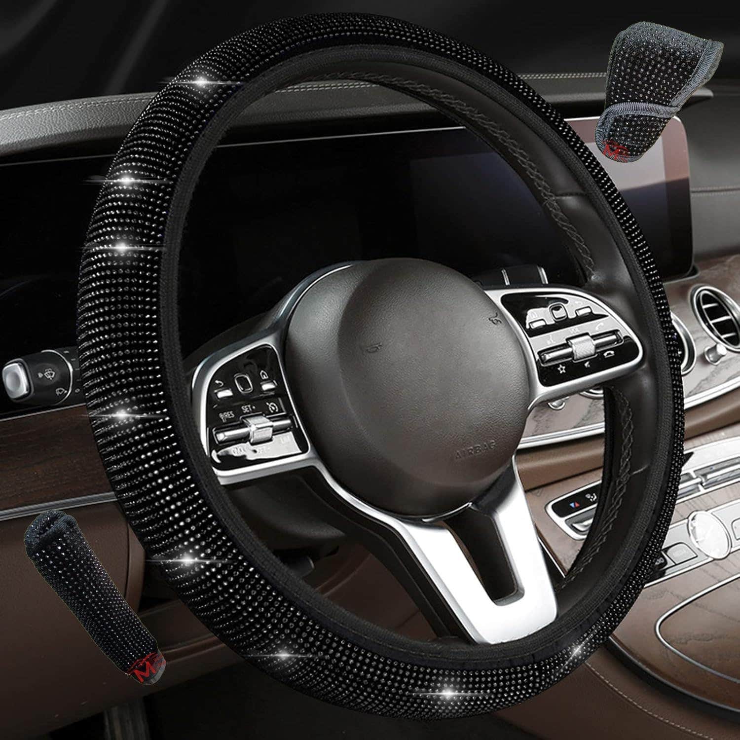 Steering Wheel Cover With Rhinestones - Black