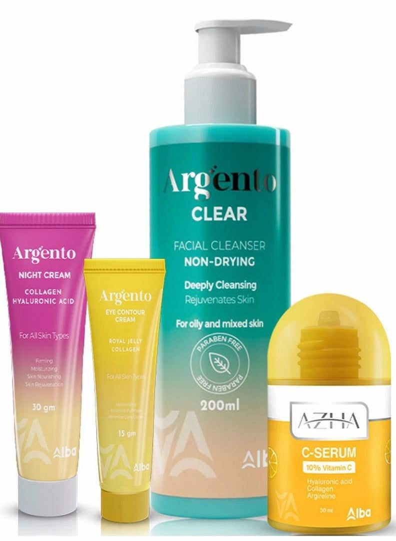 Argento Set, 4 Pieces, Clear Cleanser 200ml, Night Cream, Eye Cream, and Vitamin C Serum, for Women