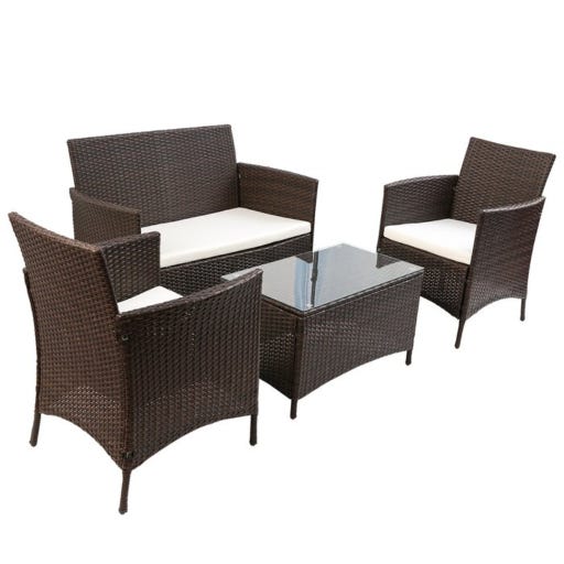 Outdoor Furniture Set, 4 Pieces, Iron and Rattan - Brown Beige