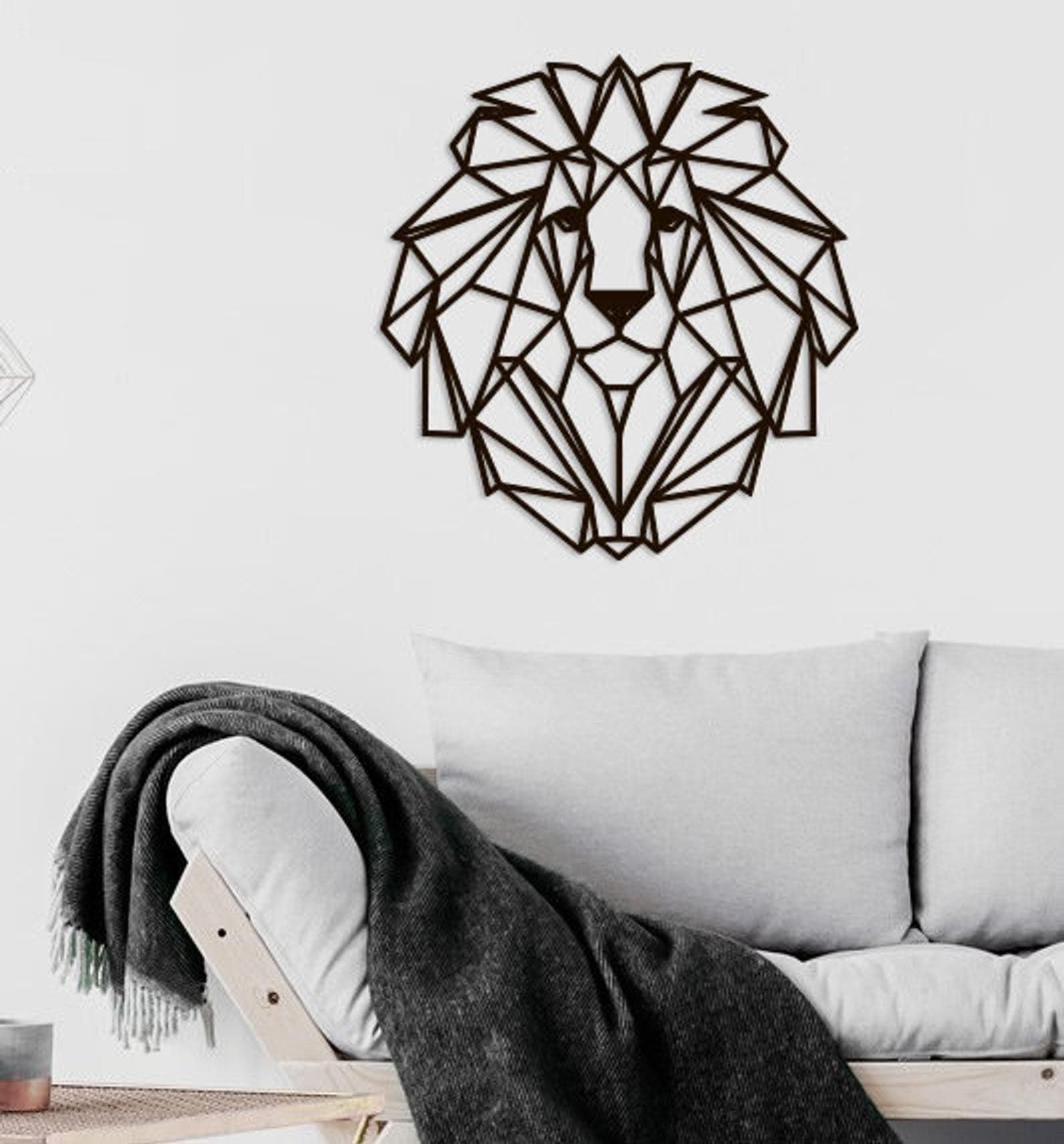 MDF Geometric Lion Head Wall Hanging Art, 80X85X0.5 Cm - Black