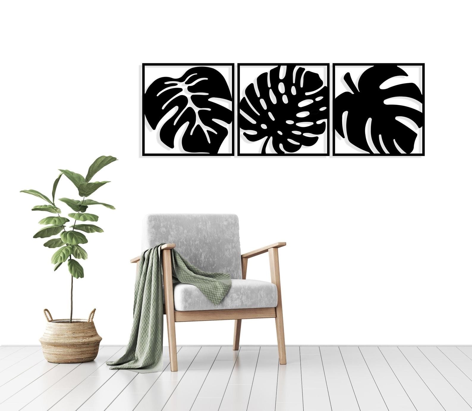 MDF Leaf Wall Hanging Decor Set, 3 Pieces, 100X100X0.5 Cm - Black