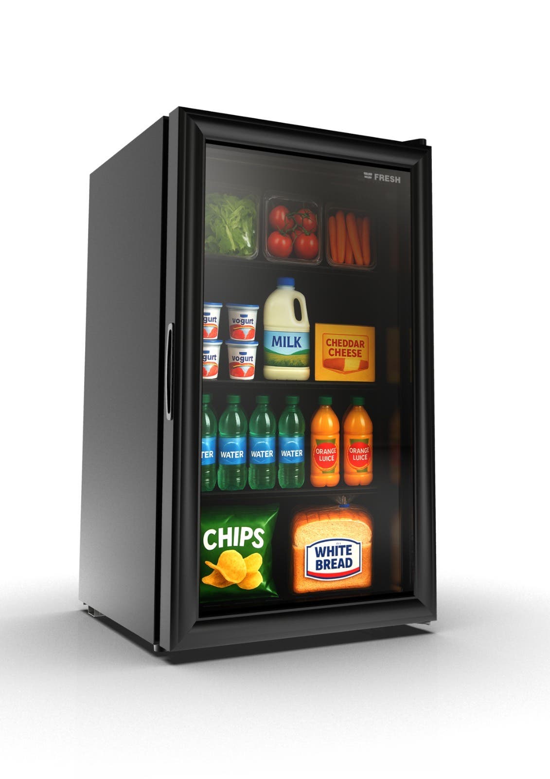 Fresh Mini Bar Refrigerator, Defrost, 90 Liters, Glass Door - Black