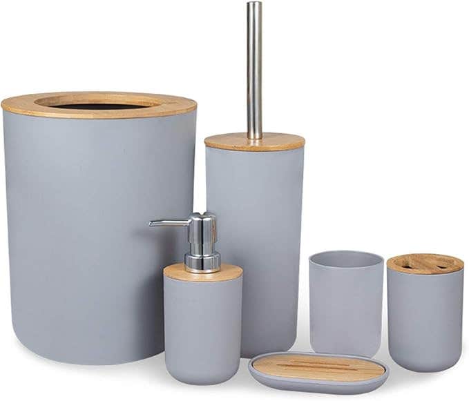 Plastic Bathroom Accessory Set, 6 Pieces - Grey