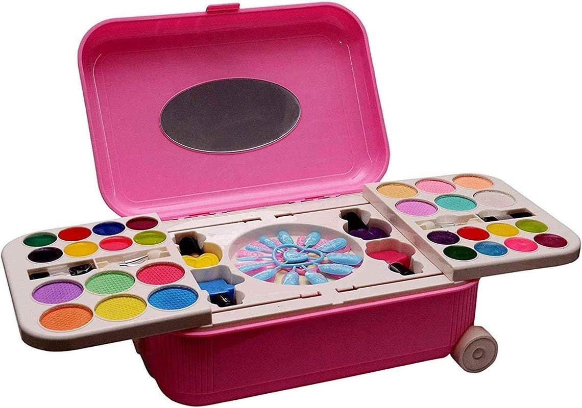 Makeup design toy set 2-in-1, with a nail kit for children, and a portable bag on wheels - multi-colored