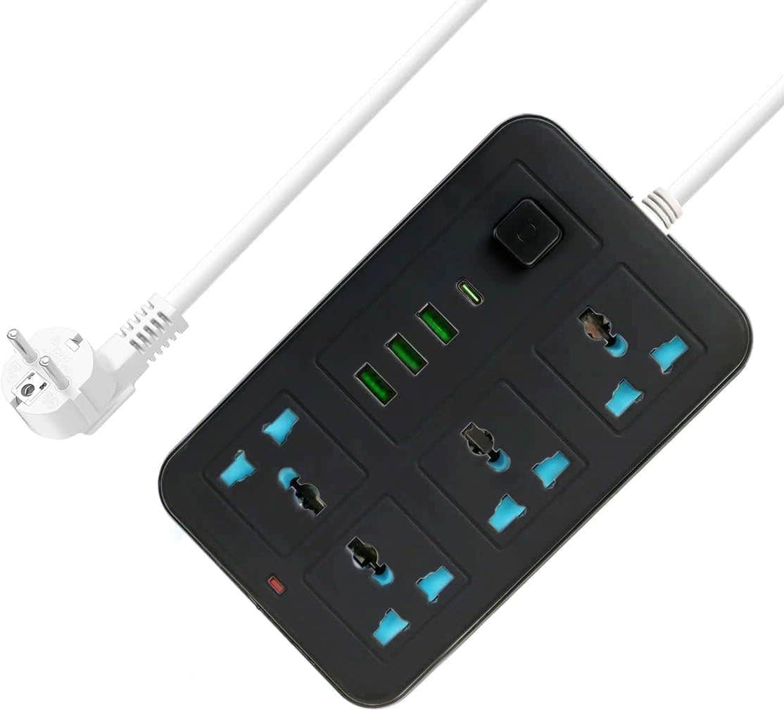 Sokany (633U) Power Strip, 4 Outlets, 3 USB Ports, 1 Type-c - Black