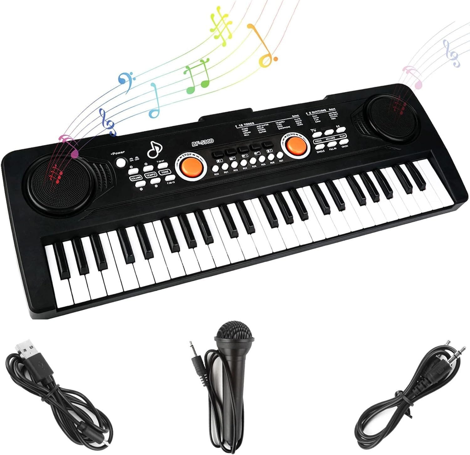 Electronic Toy Piano For Children, Microphone And Audio Cord - White Black