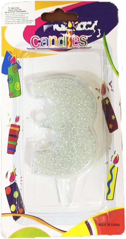No.3 Design Glitter Birthday Candle - Silver