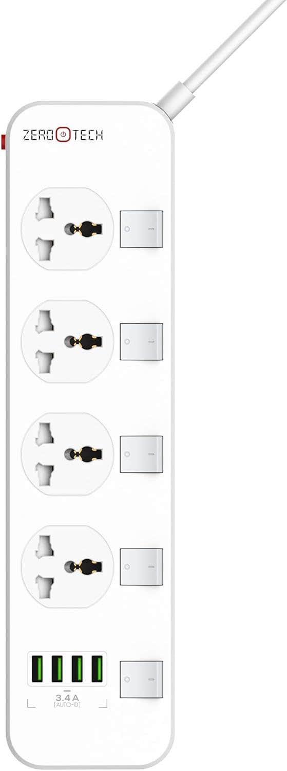 ZeroTech ZPCPS-44CH Multi-Purpose Power Strip, 4 AC Outlets, 4 USB Ports - White