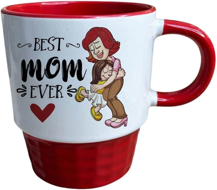 Porcelain Ribbed Mug, Double Sided Printing, Best Mom Ever, 250 ml - White Red