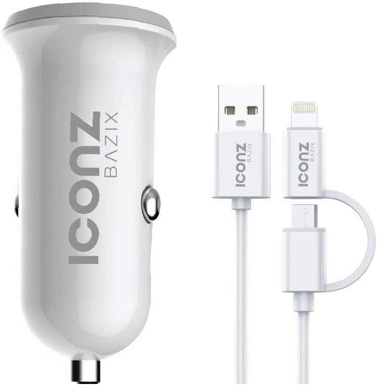 Icons Bazix XCC07W Car Charger, 2 in 1 Cable, 3.4 A - White