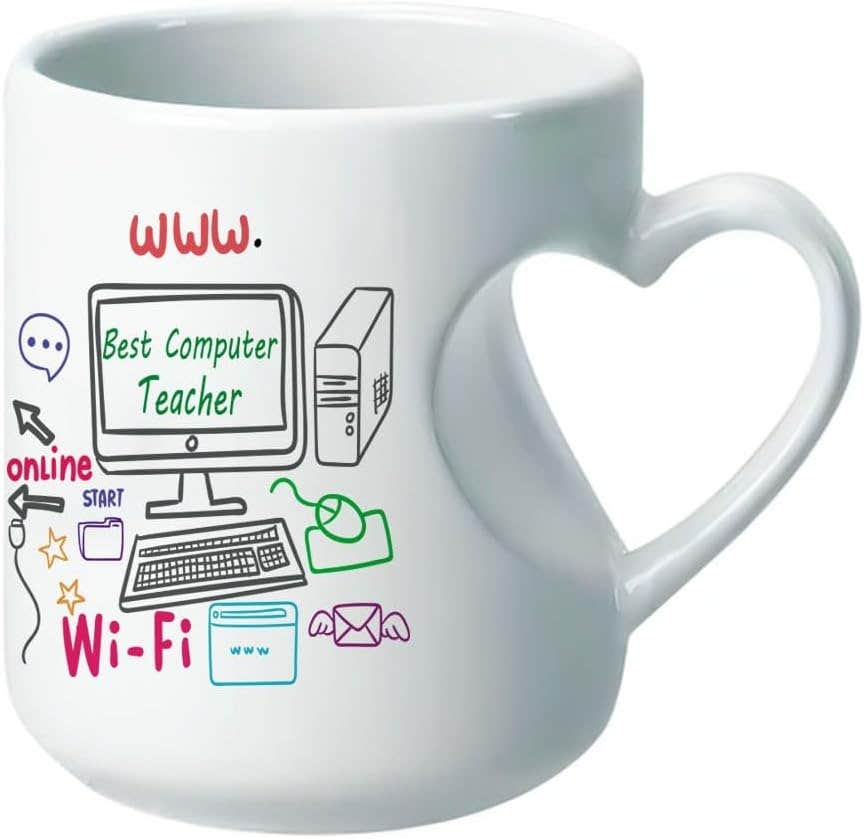 Heart Handle Porcelain Mug, Double Sided Printing, Best Computer Teacher, 350 ml - White
