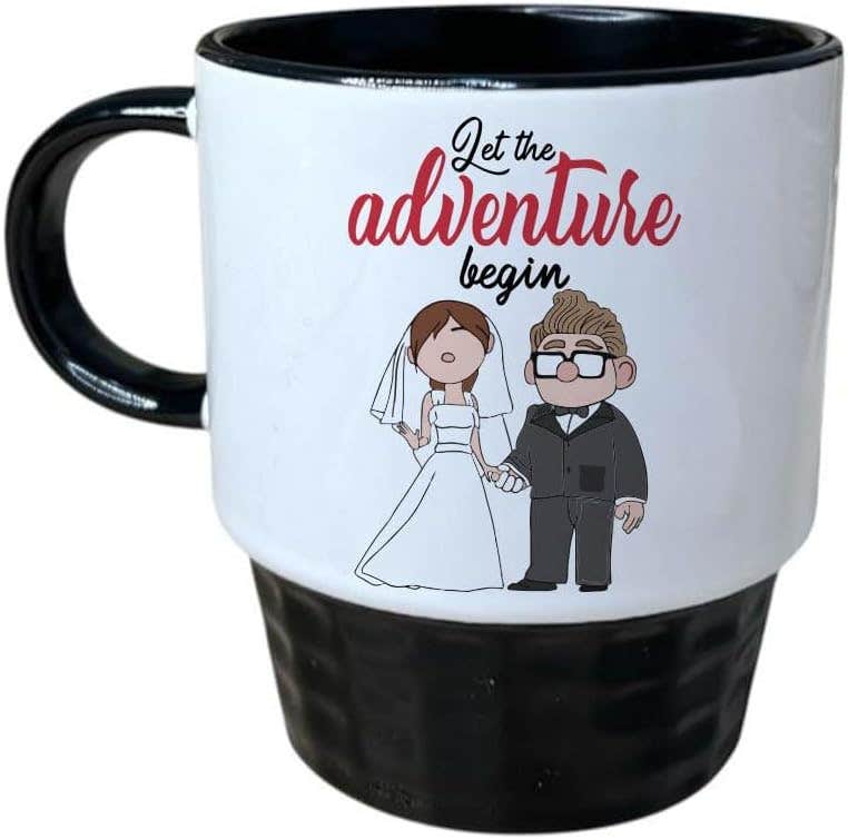 Porcelain Ribbed Mug, Double Sided Printing, Let the adventuree begin, 250 ml - White Black