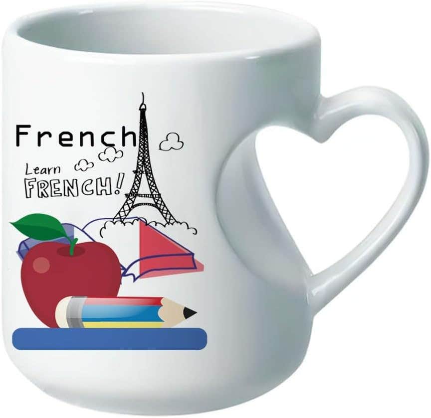 Heart Handle Porcelain Mug, Double Sided Printing, Learn French, 350 ml - White