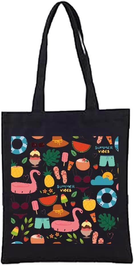 Printed Design Linen Tote Bag - Black